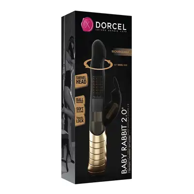 Dorcel - Baby Rabbit Black &amp; Gold 2.0 - ładowany USB, silny wibrator z króliczkiem 22 cm x 2,9 cm. 7 trybów wibracji, 3 tryby rotacji. 