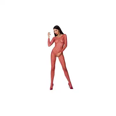 Passion - Bodystocking BS077. Seksowna siateczka z otwartym krokiem. Czerwona. OS