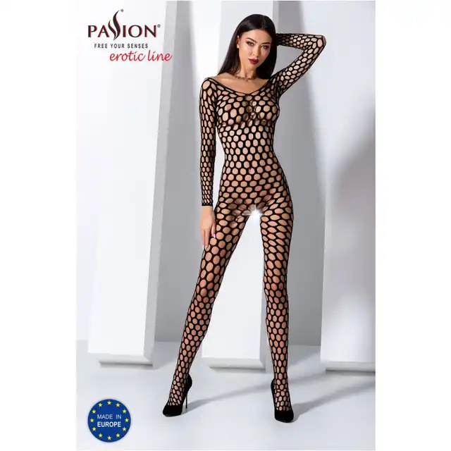 Passion - Bodystocking BS077. Seksowna siateczka z otwartyk krokiem. Czarna. Rozmiar OS