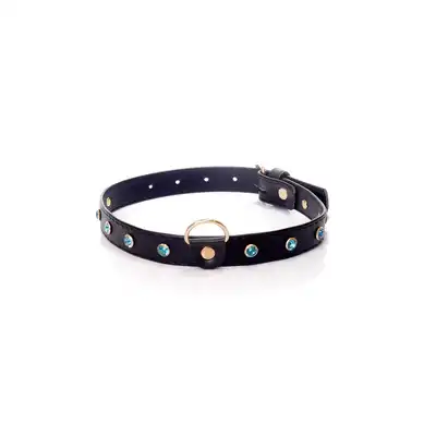 Fetish Boss Series - Collar Turqoise Crystal 2 cm. Obroża z kryształkami. Prosta regulacja, wygodna szerokość.