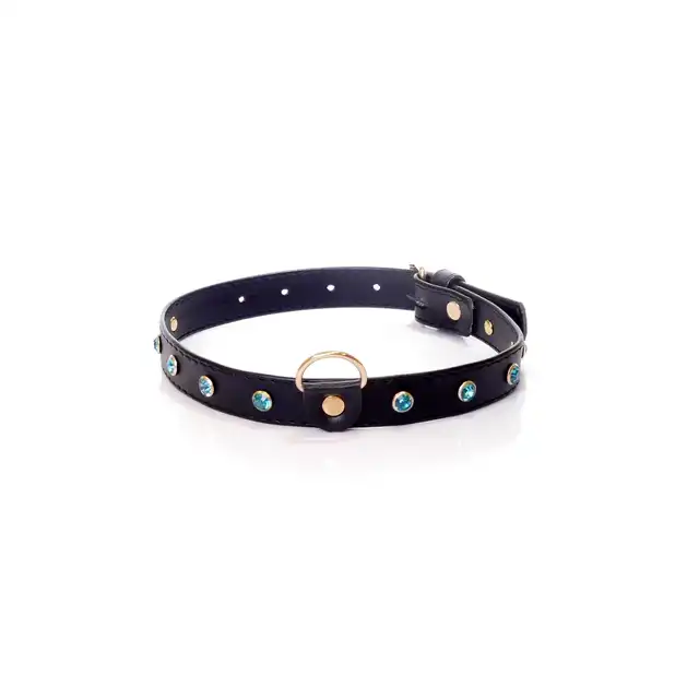 Fetish Boss Series - Collar Turqoise Crystal 2 cm. Obroża z kryształkami. Prosta regulacja, wygodna szerokość.
