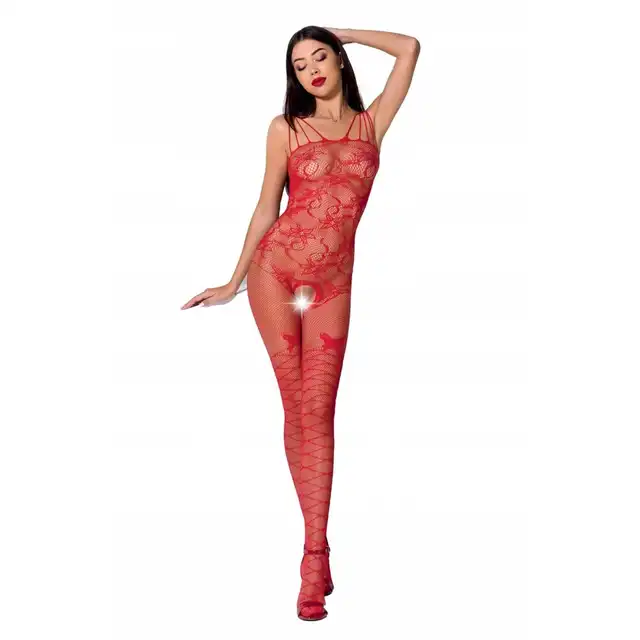 Passion - Czerwony kuszący bodystocking z otwartym krokiem. Rozmiar OS