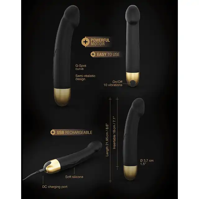 Dorcel - Real Vibration M Black &amp; Gold  2.0 - ładowany USB, silny wibrator 22 cm x 3,7 cm. 10 trybów wibracji, 