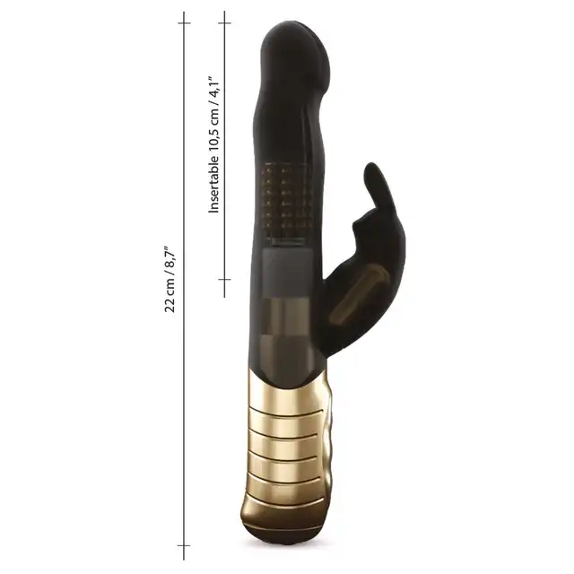 Dorcel - Baby Rabbit Black &amp; Gold 2.0 - ładowany USB, silny wibrator z króliczkiem 22 cm x 2,9 cm. 7 trybów wibracji, 3 tryby rotacji. 