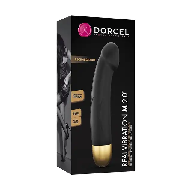 Dorcel - Real Vibration M Black &amp; Gold  2.0 - ładowany USB, silny wibrator 22 cm x 3,7 cm. 10 trybów wibracji, 