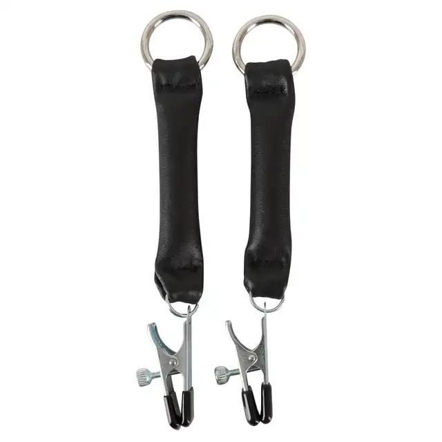 ZADO - Nipple Clamps. Zaciski na sutki z paskami skórzanymi i metalowymi pierścieniami.