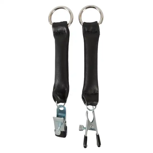 ZADO - Nipple Clamps. Zaciski na sutki z paskami skórzanymi i metalowymi pierścieniami.
