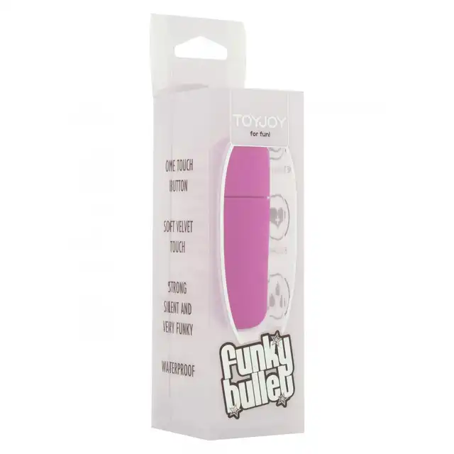 ToyJoy - Funky Bullet. Fioletowy mini wibrator wysokiej jakości. Pokryty aksamitnym silikonem.  