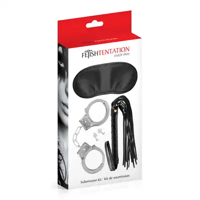 Fetish Tentation - Submission Kit. Zestaw kajdanki, pejcz i maska na oczy. Wzmocnione doznania i wyczulone zmysły. 