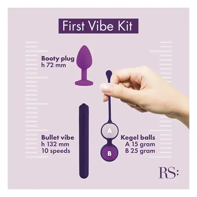 RIANNE'S - First Vibe Kit. Zestaw konieczny dla każdej kobiety. Eleganckie, wysokiej jakości zabawki. Kulki, wibrator i plug w rozmiarze S. 