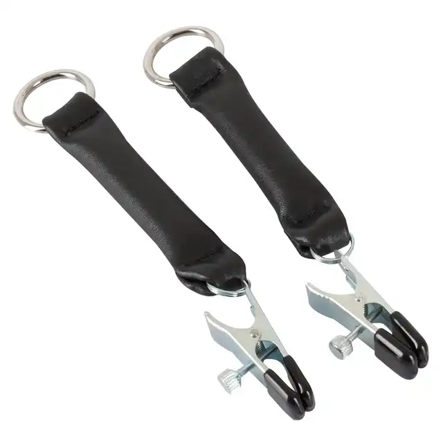ZADO - Nipple Clamps. Zaciski na sutki z paskami skórzanymi i metalowymi pierścieniami.