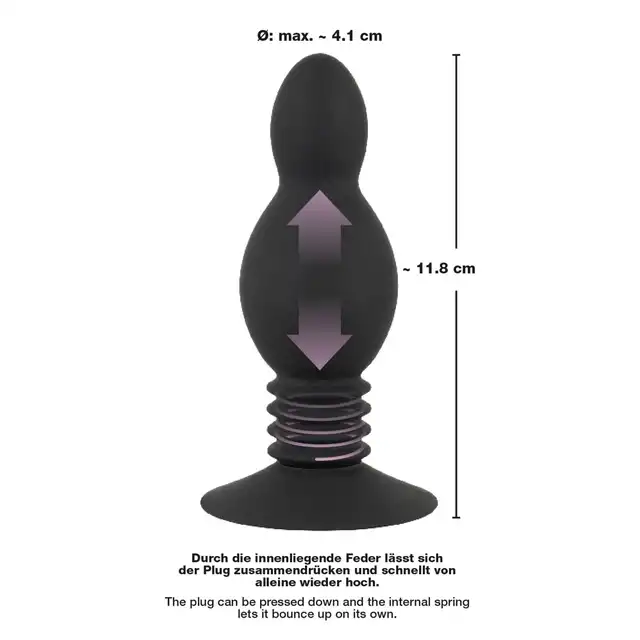 Black Velvets - Bouncing Plug. Wyjątkowy wibrujący plug analny, który wykonuje skoczne ruchy w trakcie użytkowania. Ultra gładki silikon, przyjemny w dotyku. 