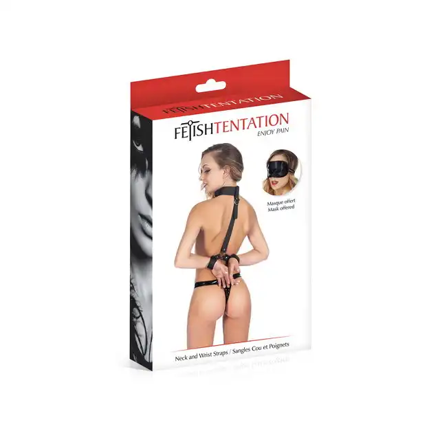 Fetish Tentation - Wrist and Neck Straps. Uprząż na szyję i nadgarstki. Kajdanki połączone z obrożą. 