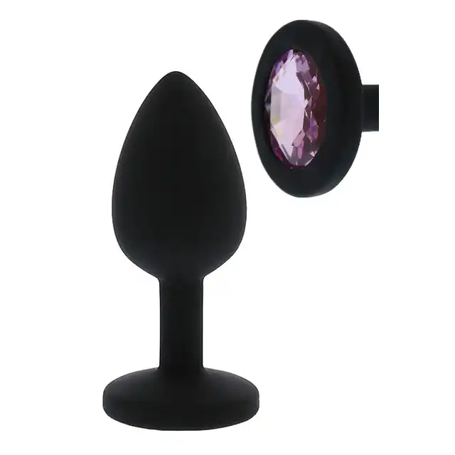 Dream Toys - Silicone Anal Plug with Diamond. Czarny silikonowy korek analny z fioletowym diamencikiem. Rozmiar S. 