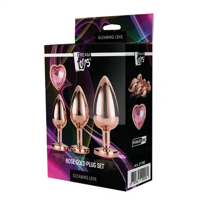 Dream Toys - Gleaming Love Rose Gold Set. Metalowy zestaw treningowy korków analnych, wysoki połysk różowego złota z kryształkiem w podstawie