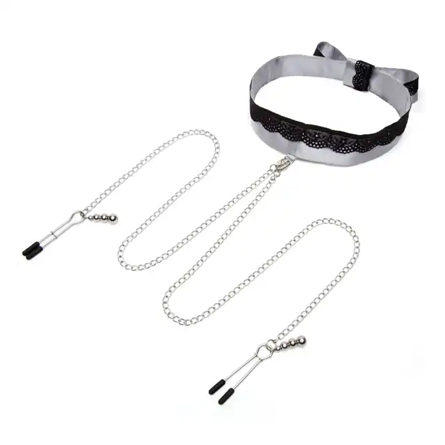 Fifty Shades of Grey - Play Nice Satin&amp;Lace Collar and Nipple Clamps. Obroża z klamerkami na sutki. 