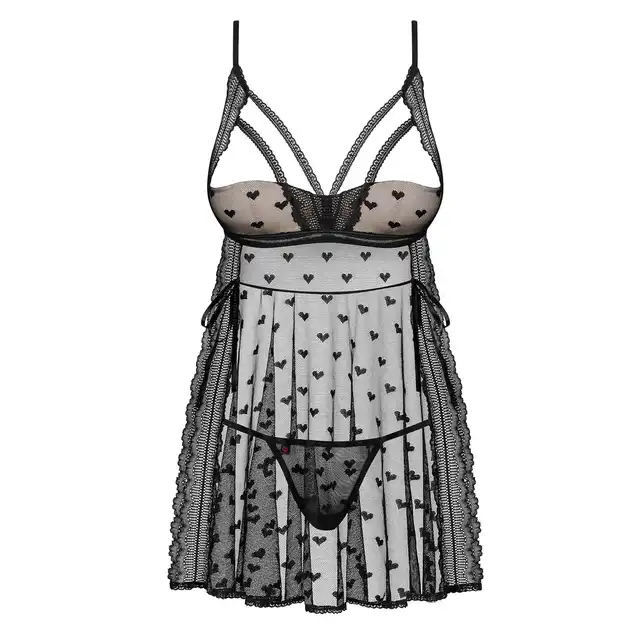 Obsessive - Heartia babydoll czarna w serduszka. Rozmiar S/M.
