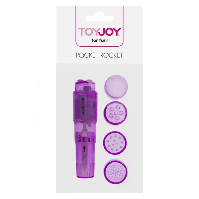 ToyJoy - Pocket Rocket Purple. Biały mini wibrator z 4 wymiennymi końcówkami stymulującymi!