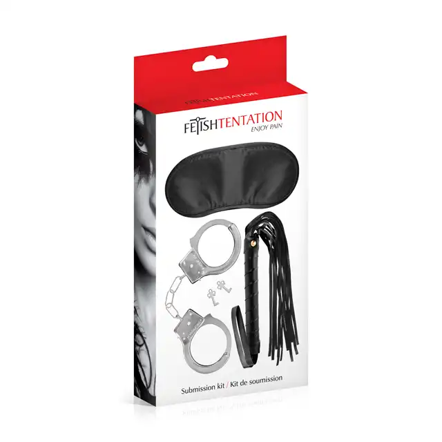Fetish Tentation - Submission Kit. Zestaw kajdanki, pejcz i maska na oczy. Wzmocnione doznania i wyczulone zmysły. 