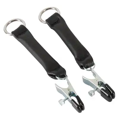 ZADO - Nipple Clamps. Zaciski na sutki z paskami skórzanymi i metalowymi pierścieniami.