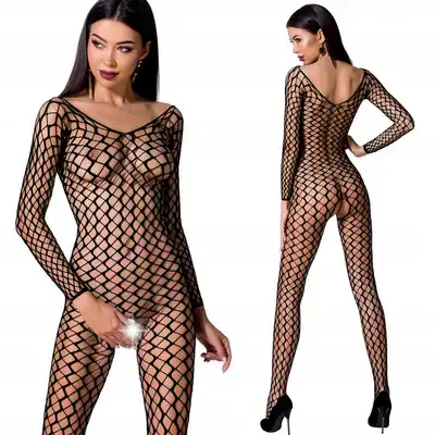 Passion - elegancka czarna Siateczna/Bodystocking z otwartym krokiem. rozmiar Uniwersalny. Model: BS068B