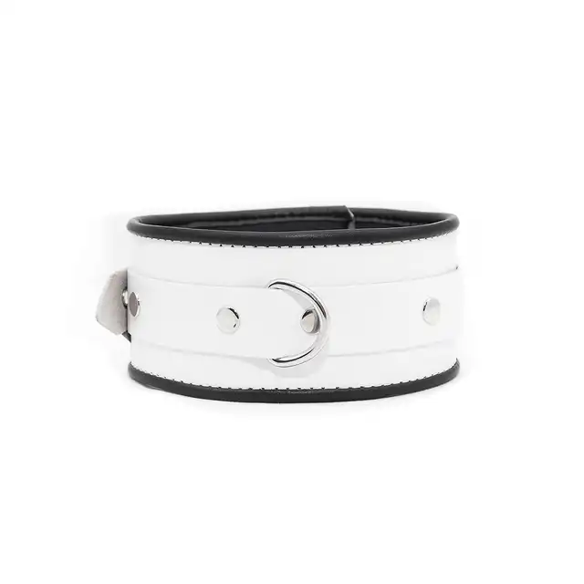 Leder - Obroża skórzana z szerokim półkolem. Elegancka biała z czarną nutką.  Made in Poland. 