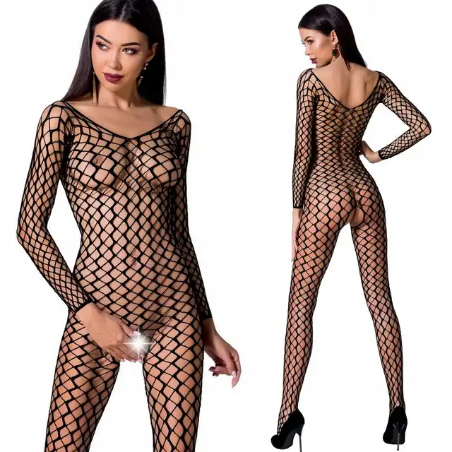 Passion - elegancka czarna Siateczna/Bodystocking z otwartym krokiem. rozmiar Uniwersalny. Model: BS068B
