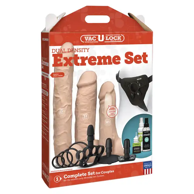 Doc Johnson - Dual Density Extreme Set- Flesh - luksusowy zestaw ze strap-on, wymiennymi dildami i akcesoriami. Dla profesjonalistów i zaawansowanych użytkowników 