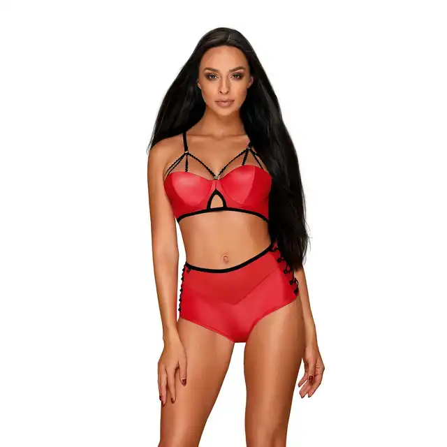 Obsessive - Leatheria 2-set L/XL czerwony. Drapieżny, ogniście czerwony komplet 