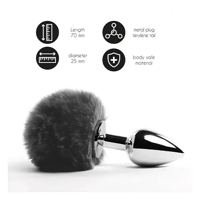 Feelztoys - Bunny Tail Butt Plug Black. Urocza czarna wtyczka analna  czarnym ogonkiem.