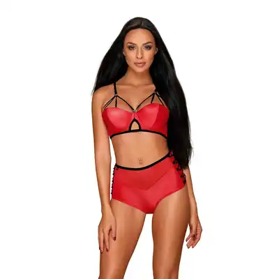 Obsessive - Leatheria 2-set S/M czerwony. Drapieżny, ogniście czerwony komplet 