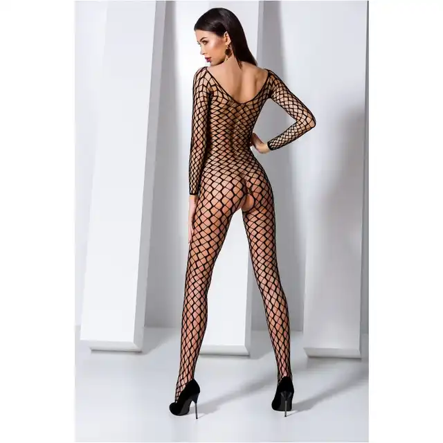 Passion - elegancka czarna Siateczna/Bodystocking z otwartym krokiem. rozmiar Uniwersalny. Model: BS068B