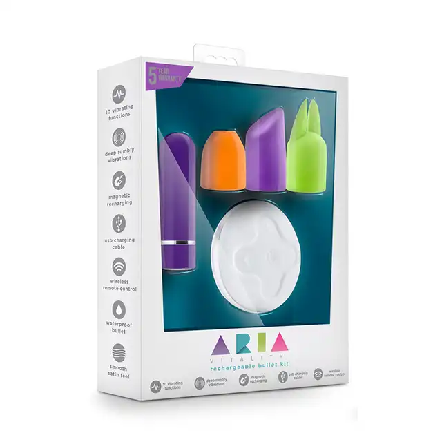 Blush - Aria Vitality Bullet Kit USB. Niesamowity 5-częściowy zestaw! Mini wibrator z nakładkami i pilotem