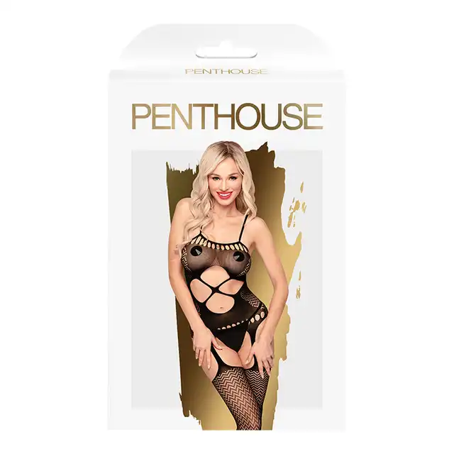 Penthouse - Hot Nightfall S/L. Czarny zmysłowy bodystocking z wycięciami 