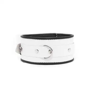 Leder - Obroża skórzana z szerokim półkolem. Elegancka biała z czarną nutką.  Made in Poland. 