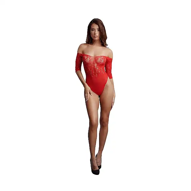 Le Desir - Rhinestone Teddy O/S. Czerwone zmysłowe body z rękawami 3/4