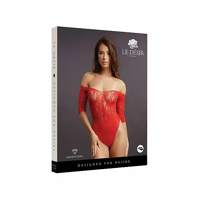 Le Desir - Rhinestone Teddy O/S. Czerwone zmysłowe body z rękawami 3/4