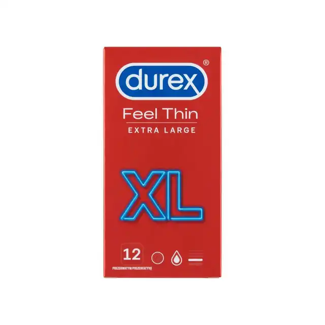 Durex - Feel Thin XL 12 szt. Prezerwatywy powiększane o średnicy 57 mm. Nawilżane silikonowym lubrykantem 