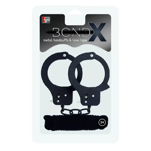 Dream Toys - All Time Favorites Metal Cuffs &amp; Rope 3M - zestaw czarnych kajdanek i liny