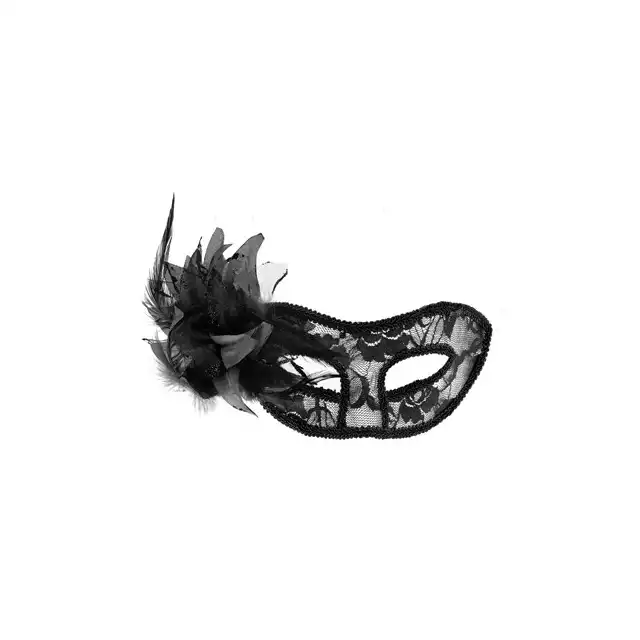 Concorde - Masque La Traviata Noir. Czarna zmysłowa maska z kwiatową koronką. Aplikacja z tiulu i piór