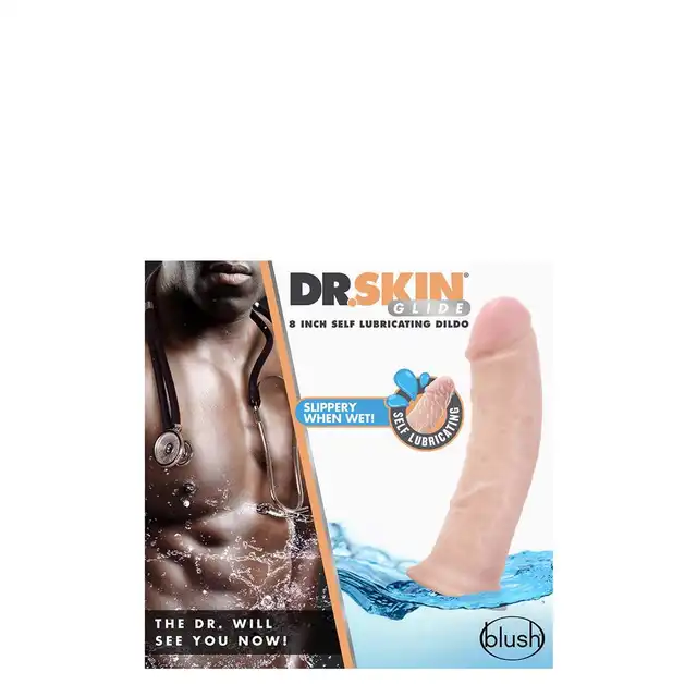 Dr. Skin - 8inch Self Lubricating Dildo. Realistyczne i samonawilżające dildo, solidna podstawa z przyssawką i miękki materiał