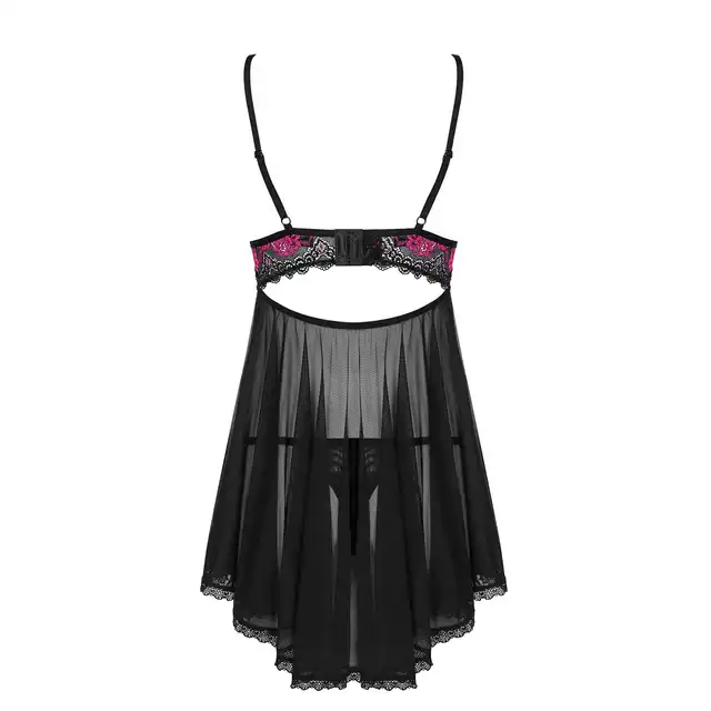 Obsessive - Tulia babydoll i stringi L/XL. Zmysłowa koszulka z intensywnie różowym ozdobnikiem