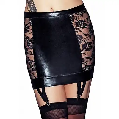 7Heaven - Lorena Skirt Garter M. Zmysłowa spódniczka z winylu z koronkowymi akcentami i pasami do pończoch
