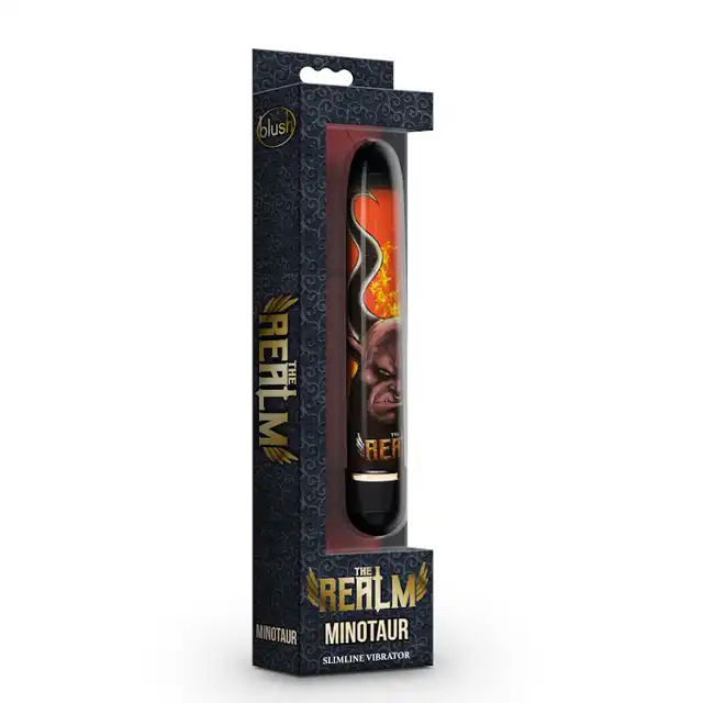 The Realm - Minotaur Red. Klasyczny wibrator z nadrukiem dzikiego minotaura