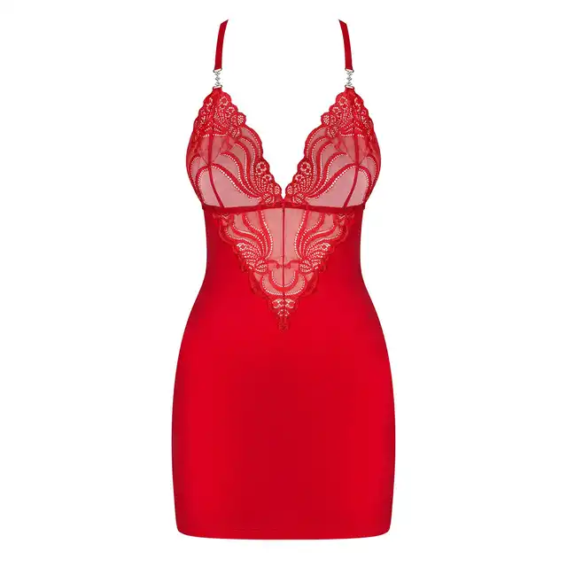 Obsessive - 828-CHE-1 koszulka i stringi czerwona S/M. Zmysłowa koszulka z koronkową wstawką 
