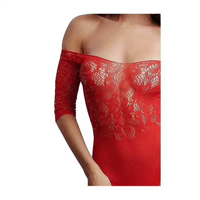 Le Desir - Rhinestone Teddy O/S. Czerwone zmysłowe body z rękawami 3/4
