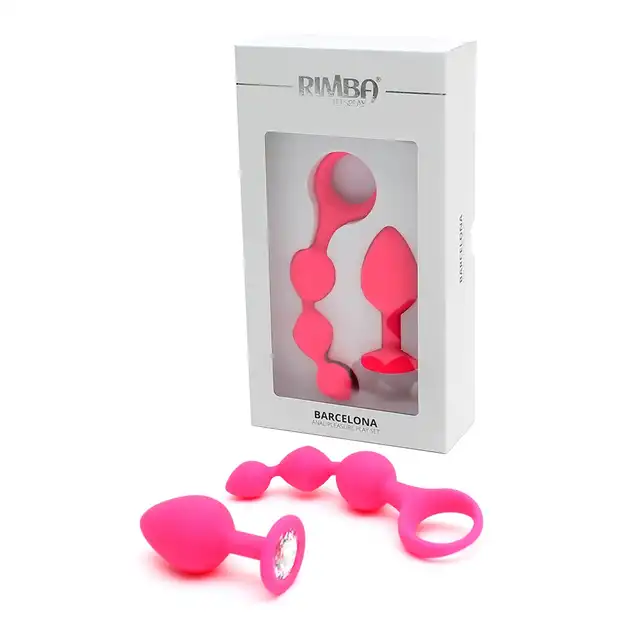 Rimba - Barcelona Anal Play Set. Dwuczęściowy zestaw z plugiem i koralikami. Bardzo gładki silikon