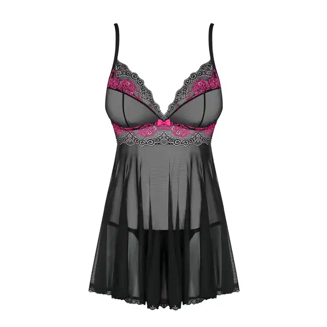 Obsessive - Tulia babydoll i stringi L/XL. Zmysłowa koszulka z intensywnie różowym ozdobnikiem