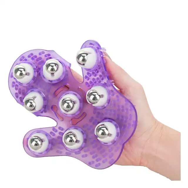 Powerbullet - Roller balls Massager. Fioletowy masażer do ciała w kształcie dłoni ze stalowymi ruchomymi kuleczkami