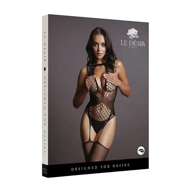 Le Desir - Contrast Suspender Bodystocking - Black - O/S. Seksowny, czarny bodystocking podkreślający talię, biust i pośladki!
